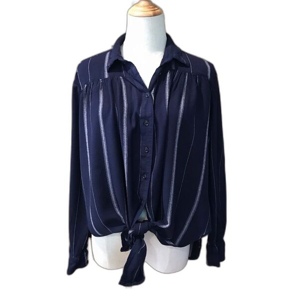 BDG Navy Blue Striped Button Front Shirt Urban Outfitters Tie Front XS - Picture 1 of 9